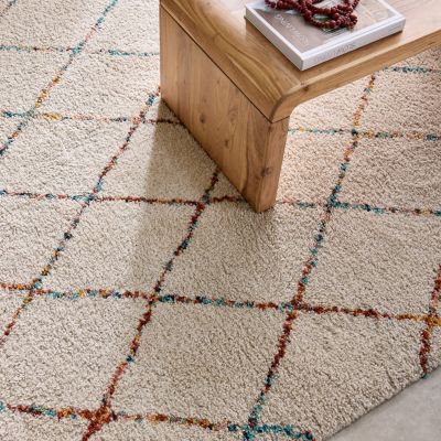Tapis intérieur shaggy 80 x 150cm poils longs. style berbère. crème et multicolore