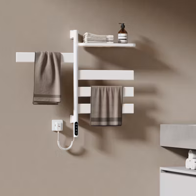 EMKE Sèche-serviettes électrique, rotatif à 180, 76 x 45 cm, sèche-serviettes et radiateur pour salle de bain, blanc brillant