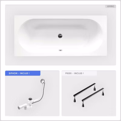 Baignoire rectangulaire – 170 x 75 cm – sans Habillage – avec Pieds – Vidage Chrome – VITAE