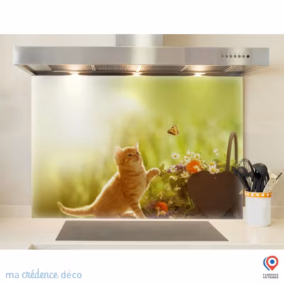 Crédence cuisine fond de hotte Chaton et papillon – Verre trempé – L 60 cm x H 45 cm – MaCrédenceDéco