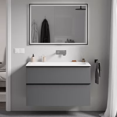 Meuble vasque suspendu MDF Anthracite mat, lavabo fonte Blanc mat sans trou robinet, poignée Anthracite mat 80x46x62cm – LAVOA