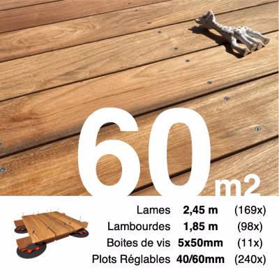 Kit complet terrasse bois exotique JATOBA pour 60 m², Lames 2,45 m, lambourdes 2,15 m, plots réglables et visserie Inox.