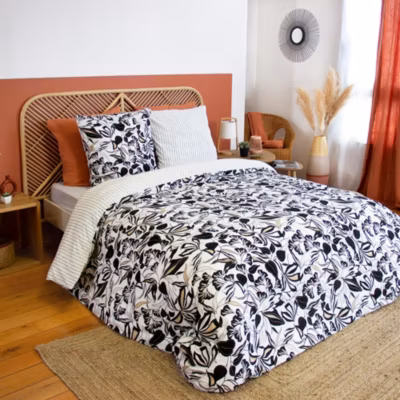 Parure de lit 240×220 cm en microfibre FLORE noir et blanc floral 3 pièces