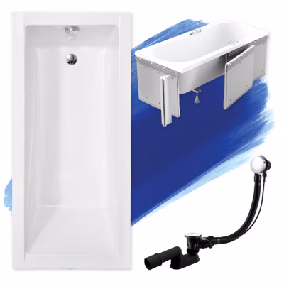 Baignoire rectangulaire 160 x 70 MODERN acrylique blanc + Habillage en polystyrène + Pieds + Vidage à chromé