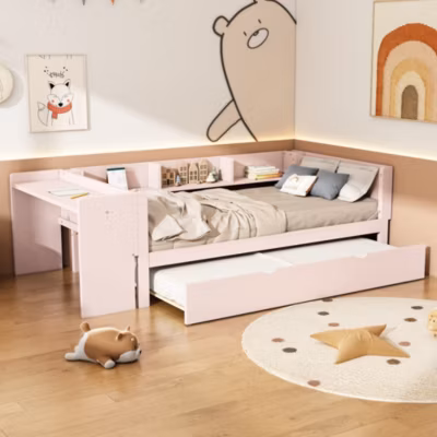 Lit Plat 90x200cm, Lit Escamotable avec Bureau, Rangement, Rose
