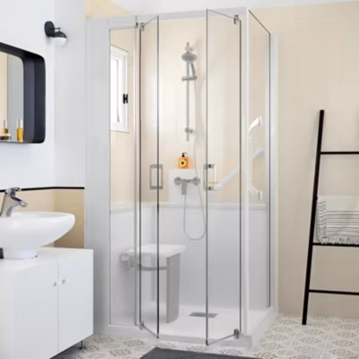 Cabine de douche d&rsquo;angle KINEDO KINEMAGIC SERENITE 100×70 angle mixte pivotante verre transparent thermostatique