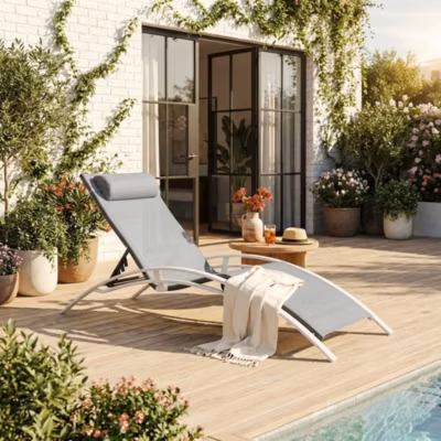 Toile de remplacement pour bain de soleil LOUISA. en aluminium et textilène. avec têtière – Gris/Anthracite