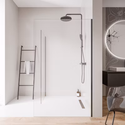 2 Parois de douche italienne d&rsquo;angle 100x200cm + 110cm, verre NANO 10mm, profilé mural inox noir mat, sans profilé sol – EX102