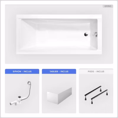 Baignoire rectangulaire – 150 x 70 cm – avec Tablier Blanc – Pieds – Vidage Chrome – MODERN