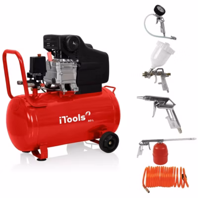 Compresseur d&rsquo;air 50L 8 bar 115 PSI Silencieux 2CV 1.5KW + Kit 5 accessoires air comprimé ITOOLS