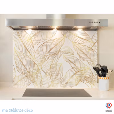 Crédence cuisine fond de hotte feuilles dorées 2 – Verre trempé – L 70 cm x H 60 cm – MaCrédenceDéco