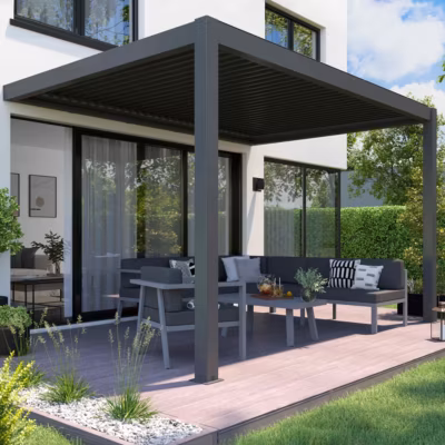 Pergola bioclimatique adossée et motorisée 3 x 4 x 2,5m gris  Oviala
