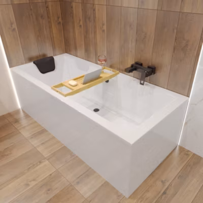 Baignoire rectangulaire 190 x 90 QUADRO acrylique blanc, sans Habillage + Étagère bambou + Pieds + Vidage à chromé