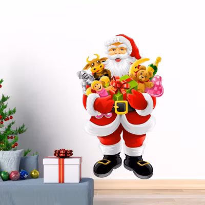 Sticker Noël le Père Noël apporte les cadeaux – Autocollants stickers adhésifs noël – décoration fêtes – 70x40cm