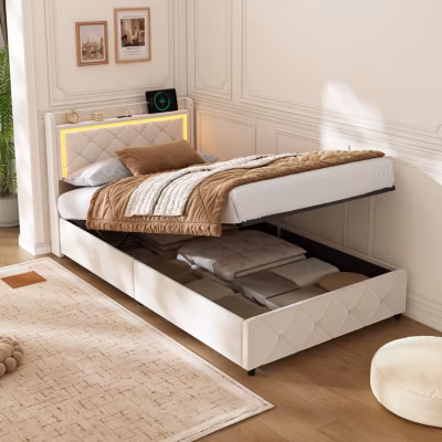 Lit simple 90×200 cm, rangement, tête de lit étagères, LED, USB Type-C, Velours, Beige