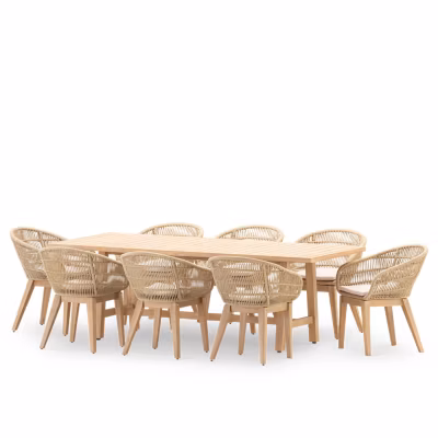Table de jardin 230×100 et 8 chaises en corde beige – Siena & Provenza