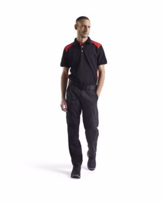 Pantalon industrie stretch 2D Noir/Rouge – poches genouillères, taille élastique, zip plastique