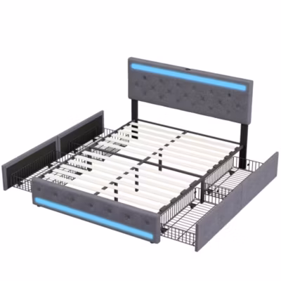 Lit Double Rembourré 160 X 200 Cm Avec 4 Tiroirs Et Sommier à Lattes En Bois Avec USB Et LED, Gris
