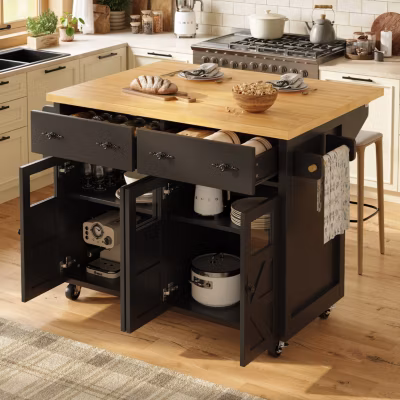 Îlots de Cuisine – Meuble de Cuisine Multifonction Avec Plan de Travail Et Étagères Ouvertes, Bois et Métal, Noir