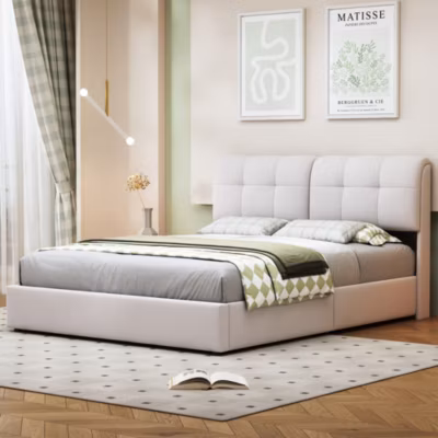 Lit 160×200 avec Sommier LED, lit double avec sommier à lattes et coffre de lit, en velours, Blanc