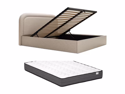 Lit coffre 140 x 190 cm – Tissu chiné – Beige + Matelas – FIREZA