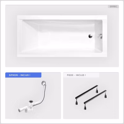 Baignoire rectangulaire – 170 x 70 cm – sans Habillage – avec Pieds – Vidage Chrome – MODERN SLIM