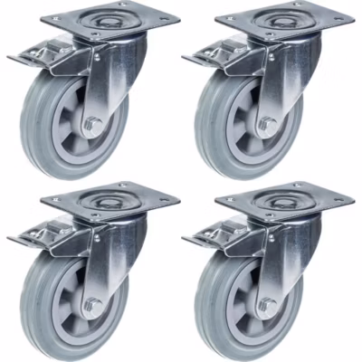 Roulettes pivotantes de 160 mm (6&Prime;) à bandage caoutchouc gris avec frein, capacité de charge élevée (540 kg), lot de 4