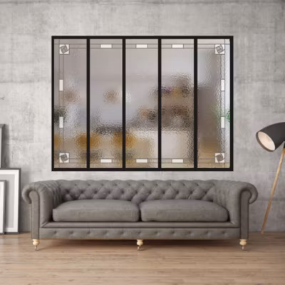 Verrière 5 verres Mackintosh – L x H : 168 x 125 cm – Laqué noir 9005 granité – verre Sahara inclus