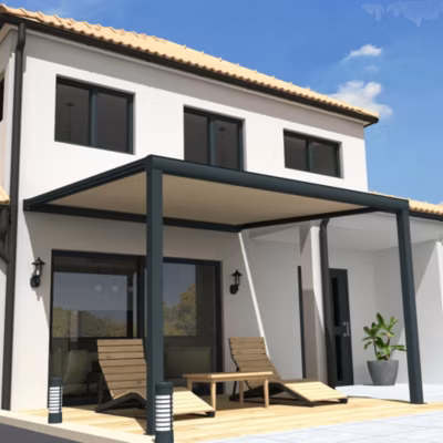 Pergola toile SUNLIGHT Gris anthracite – 4,00×3,50m (Motorisé à télécommande secours + Kit LED 1 coté – Ecru)