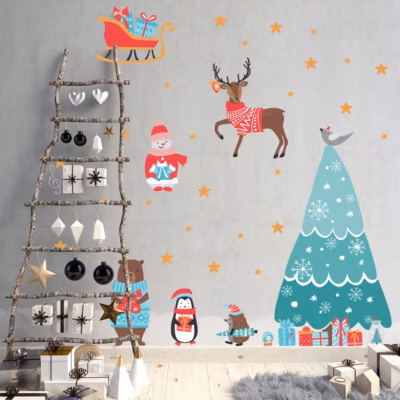 Stickers Noël animaux joyeux – Autocollants stickers adhésifs noël – décoration fêtes – 135x90cm