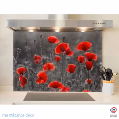 Crédence cuisine fond de hotte Coquelicots sauvages 2 – Verre trempé – L 60 cm x H 45 cm – MaCrédenceDéco