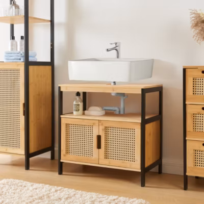 Meuble sous lavabo Tervola bambou 60 x 60 x 35 cm noir naturel aspect rotin en.casa
