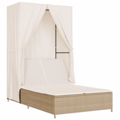 Chaise longue double avec toit et rideaux beige résine tressée vidaXL