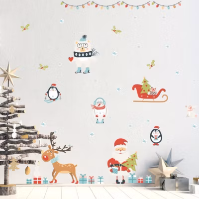 Sticker Noël le père noël et les animaux sous la neige de noël 80 x 120 cm