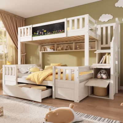 Lit superposé 90x200cm+140x200cm avec tableau noir – 1 tiroir et escalier de rangement – MDF – Blanc (sans matelas)