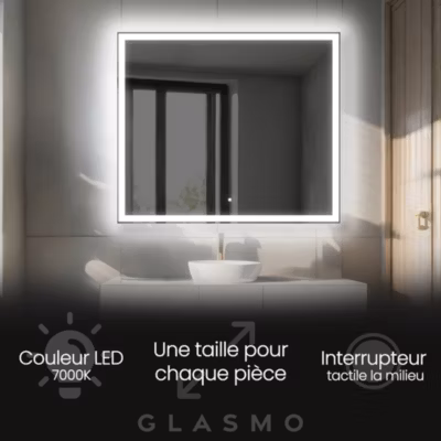 Miroir avec LED Illumination Salle de Bain – Aurora, 130×70 cm, Blanc Froid 7000K, Interrupteur Tactile