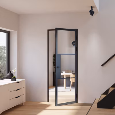 Porte complète Intérieure en verre avec cadre Schulte – Serrure- 71×197 – Noir – Transparent – 3 Vitrages – droit