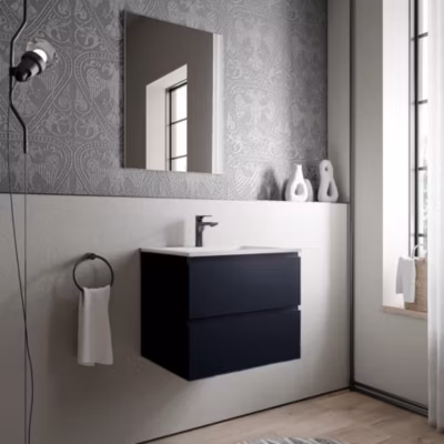 Meuble vasque suspendu MDF Bleu foncé mat, lavabo fonte Blanc mat + trou robinet – 60x46x50cm – AVA BRUXELLES