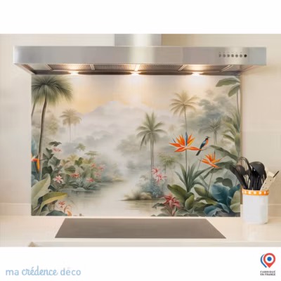 Crédence cuisine fond de hotte Jungle tropicale colorée – Verre trempé – L 90 cm x H 70 cm – MaCrédenceDéco