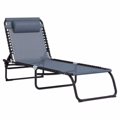 Bain de soleil transat pliable dossier inclinable multi-positions acier thermoplastique lacets élastiques noir textilène