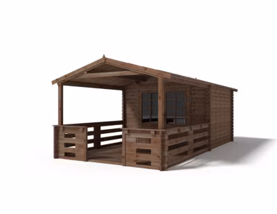 Abri de jardin en bois – 3×3 m + terrasse avec balustrade et avant-toit en bois – 18 m2 – Traité – DOM427+DOM539+DOM540+POD05