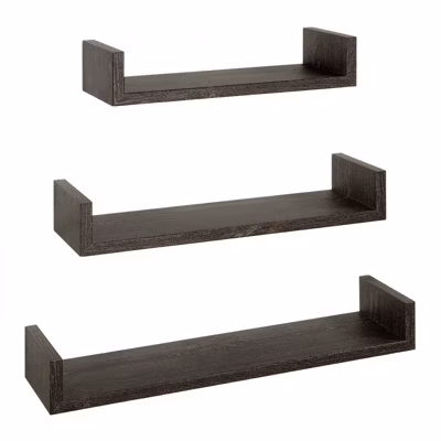 Ensemble de 3 étagères murales design en chêne foncé, dimensions : 60x8x15,5 cm, 50x8x15,5 cm et 40x8x15,5 cm – Aimantées