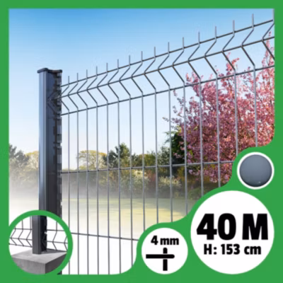 Kit grillage rigide poteaux H – longueur 40 mètres – 153 cm, Gris Anthracite, A sceller