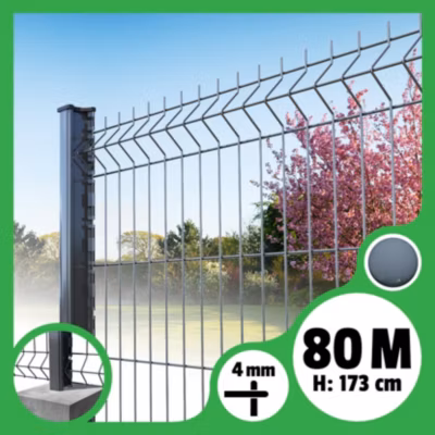 Kit grillage rigide poteaux H – longueur 80 mètres – 173 cm, Gris Anthracite, A sceller