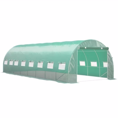 Serre tunnel 24m² dim. 8L x 3l x 2H m – 16 fenêtres, porte zippée – acier galvanisé PE haute densité vert