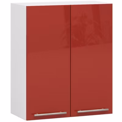 Meuble de cuisine suspendue : 2 portes, 2 étagères, blanc / rouge brillant, 60 x 72 x 30 cm