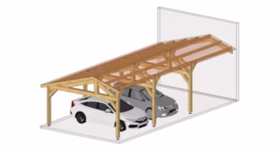 Carport deux pentes faitage décalé adossé 650cmx500cm Bois DOUGLAS  (Charpente – Auvent – Abri voiture) surface 33 m²