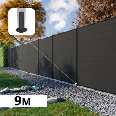 Kit Clôture Composite RIO Anthracite 9×1,8m – Bois composite & Aluminium – Poteaux sur Platines Noir – Brise vue – Palissade