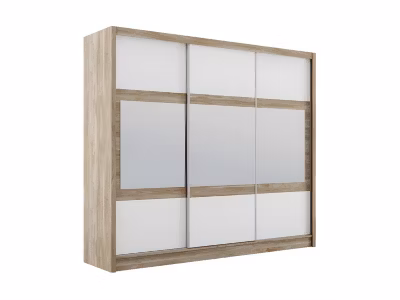 Armoire 3 portes coulissantes – Avec miroir – L250 cm – Coloris : Naturel et blanc – LEOVIA