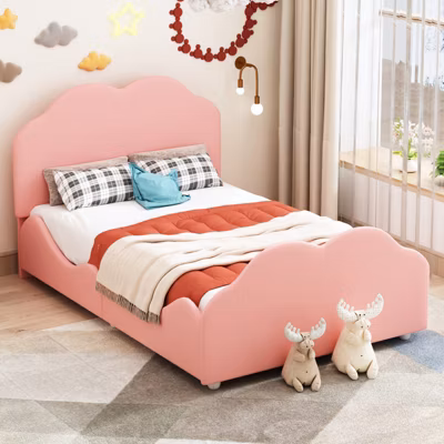 Lit enfant rembourré 90×200 cm en velours rose, tête et pied de lit en forme de nuage, cadre sécurisé avec barrière haute